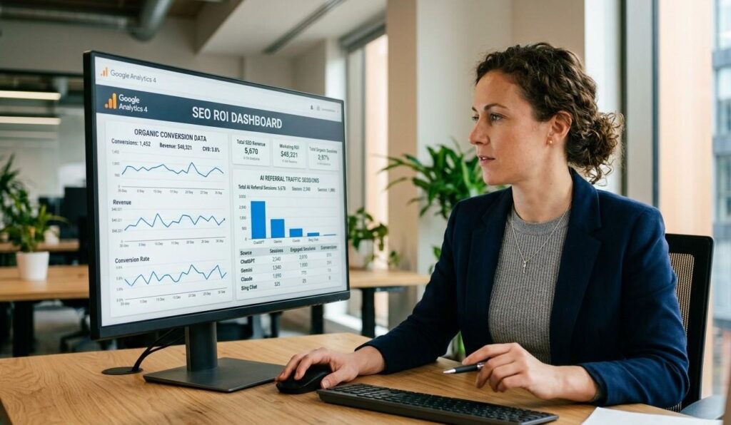 A marketing analyst reviewing an SEO ROI dashboard in GA4 with organic conversion data and AI referral traffic sessions visible on screen