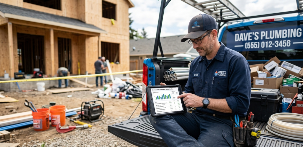 A plumber in work clothes reviewing contractor SEO keyword rankings on a tablet between service calls at a job site