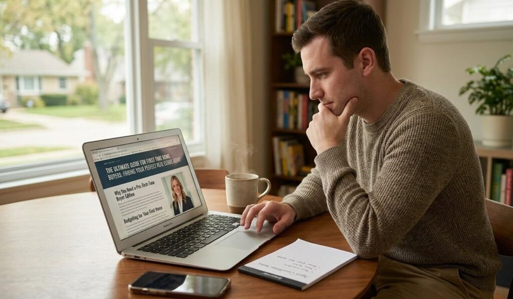 A first-time home buyer reading a real estate agent marketing blog guide on a laptop before scheduling an agent consultation