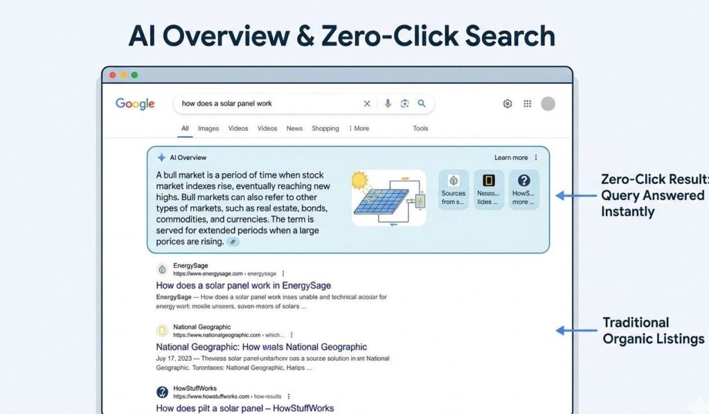 A Google search results page showing a zero click search result with an AI Overview answer displayed above the organic listings