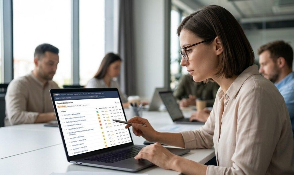 A SaaS product manager reviewing a keyword comparison table in Ahrefs showing alternative and versus search terms ranked by difficulty and volume