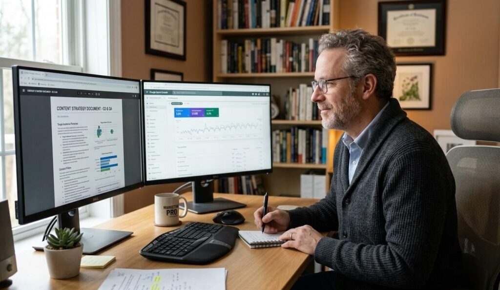A senior marketing freelancer reviewing a content strategy document and Google Search Console data on dual monitors at a home office desk