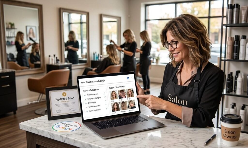 A hair salon owner reviewing their Google Business Profile on a laptop showing service categories and recent client photo uploads