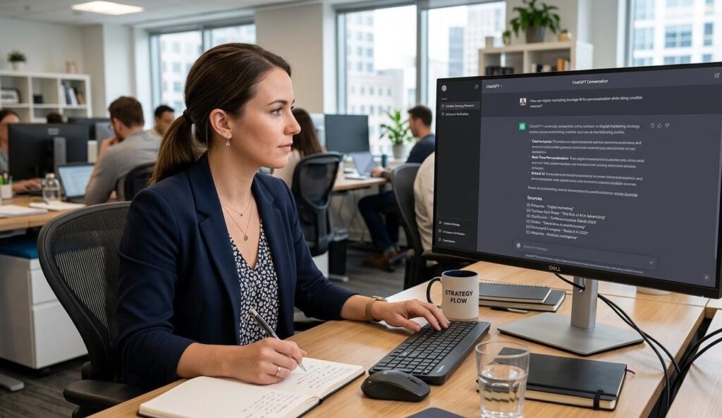 A content strategist reviewing a ChatGPT conversation window showing AI-cited sources including Wikipedia and news publications on a desktop monitor