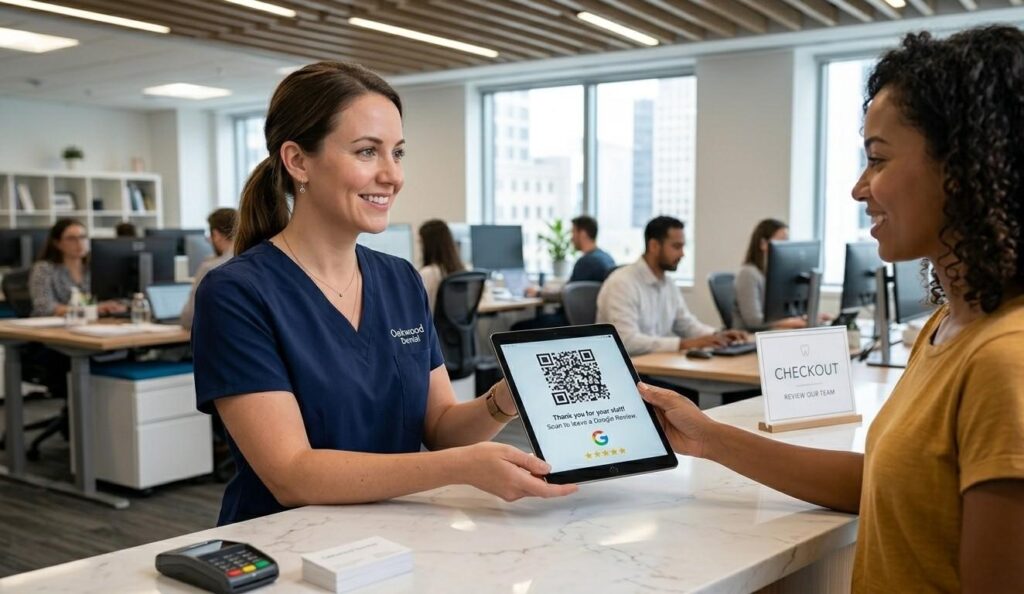 A dental receptionist handing a patient a tablet showing a QR code link to the practice Google review page after checkout