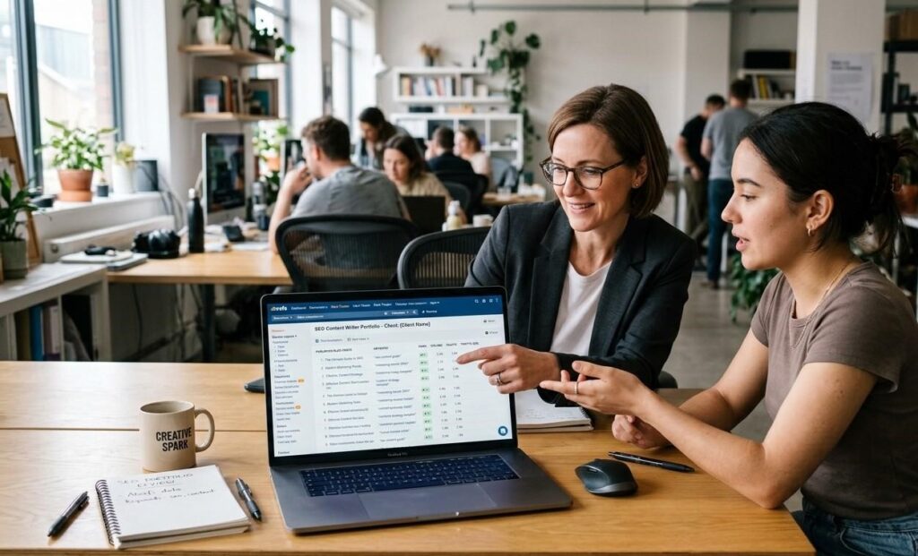 A marketing manager reviewing an SEO content writer's portfolio on a laptop with Ahrefs showing keyword rankings for published blog posts