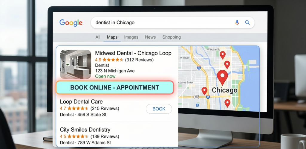 Dental practice Google Business Profile showing map pack placement with star rating review count and appointment booking button
