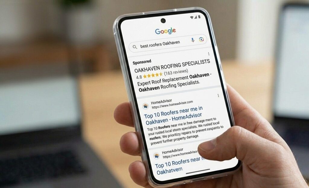 A roofer's Google Business Profile on a mobile phone showing 4.8 stars and over 150 reviews appearing in a local map pack above HomeAdvisor
