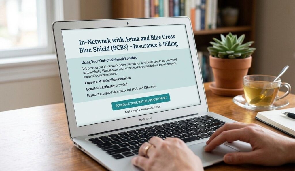 A therapist's insurance panel page on a laptop showing Aetna and BCBS listed in the H1 with a scheduling button visible below the billing explanation