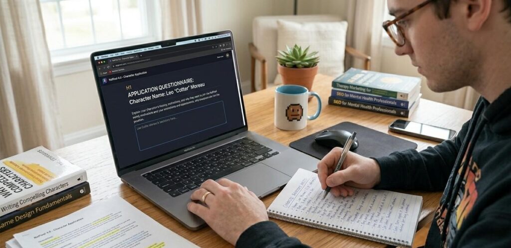 A player writing a NoPixel 4.0 application on a laptop with a notepad showing character backstory notes beside the keyboard