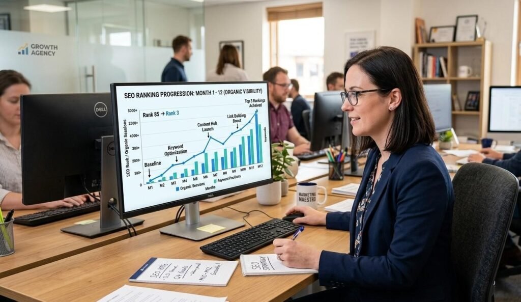 A marketing manager reviewing an SEO timeline chart showing ranking progression from month one to month twelve on a desktop monitor