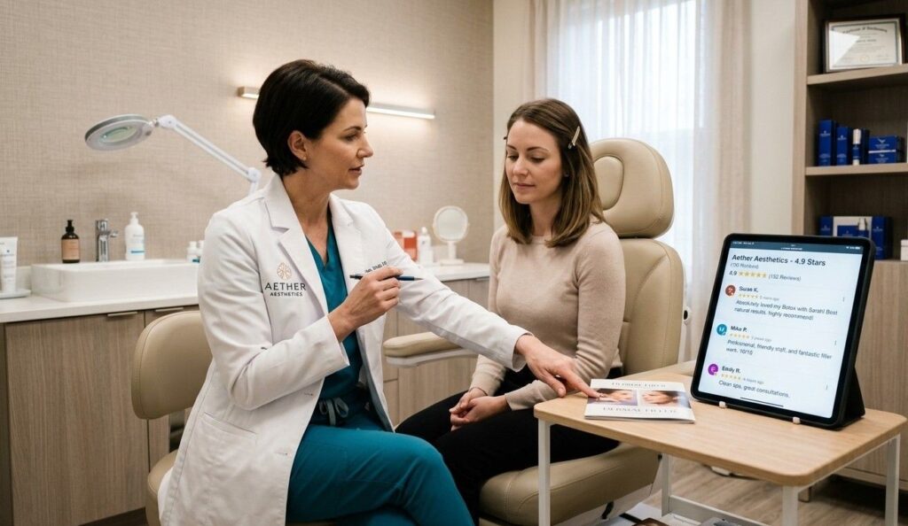 A medical spa treatment room with a provider performing an injectable consultation while the clinic's Google Business Profile review page shows on a nearby tablet