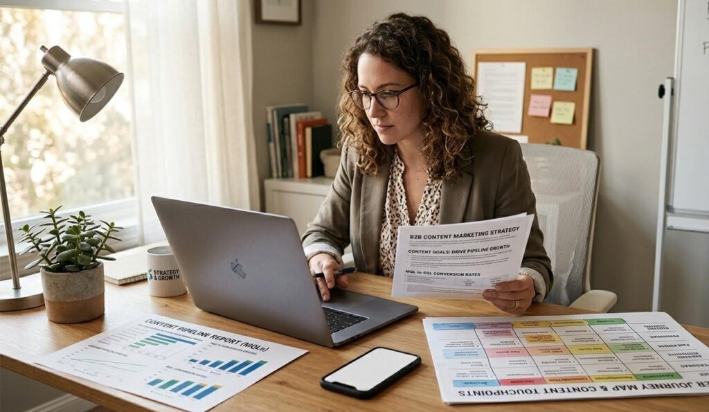 A B2B content strategist reviewing a documented content marketing strategy on a laptop with a pipeline report and buyer journey map beside it