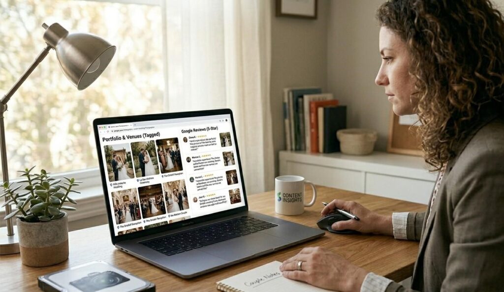 A wedding photographer reviewing their Google Business Profile on a laptop showing venue-tagged portfolio images and five-star reviews from couples