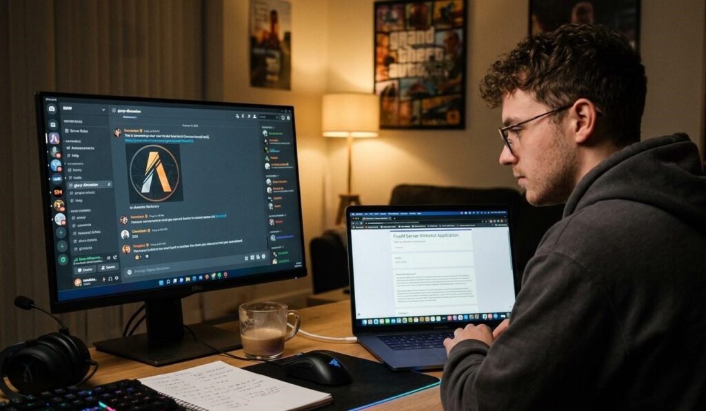 A first-time FiveM player writing a whitelist application on a laptop with a character backstory document open and a GTA RP server Discord visible on a second screen