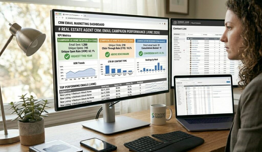A real estate agent reviewing email marketing metrics in a CRM dashboard showing open rates, click-through rates and consultation bookings on a desktop monitor