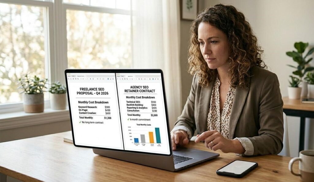 A small business owner comparing a freelance SEO proposal and an agency retainer contract side by side on a laptop showing monthly cost breakdowns