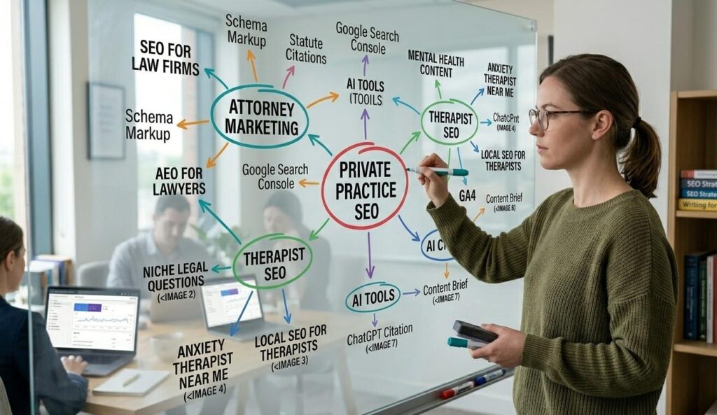 A content strategist mapping semantic SEO topic clusters on a whiteboard with arrows connecting related entities and subtopics