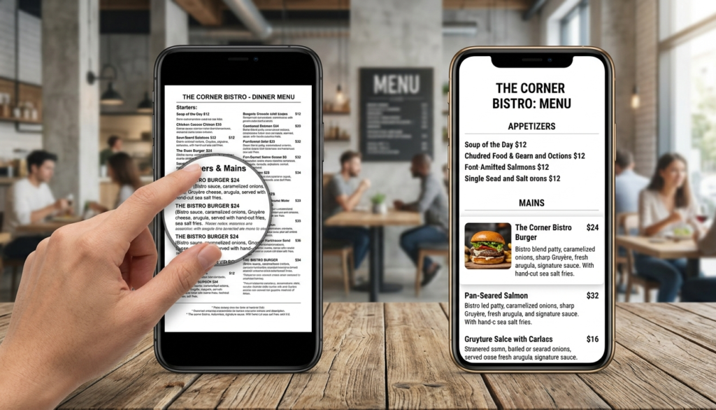Side-by-side comparison of a restaurant PDF menu on mobile requiring pinch-to-zoom versus a clean HTML menu page with readable dish descriptions