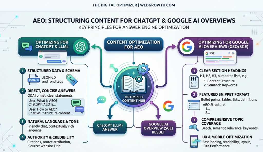 Diagram showing how answer engine optimization structures content for ChatGPT and Google AI Overviews