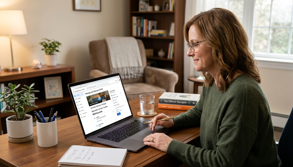 Therapist reviewing her Google Business Profile setup on a laptop in a private practice office