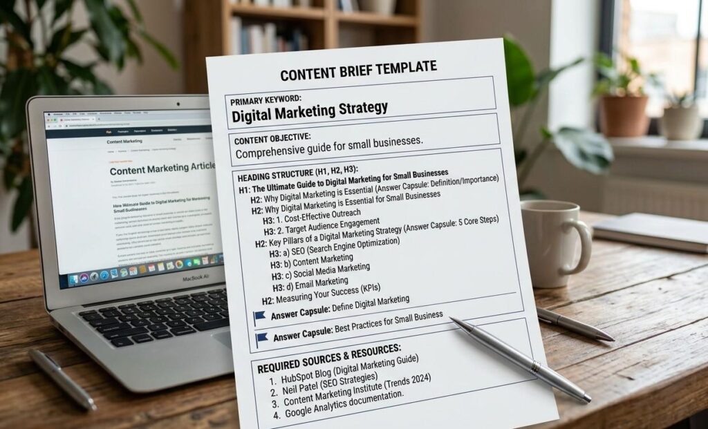 Completed content brief template document showing primary keyword, heading structure, answer capsule flags and required sources