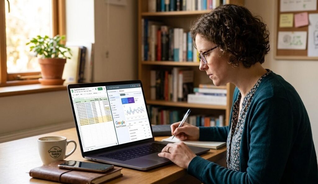 A small business owner reviewing a blog content audit spreadsheet on a laptop with Google Search Console data visible on screen