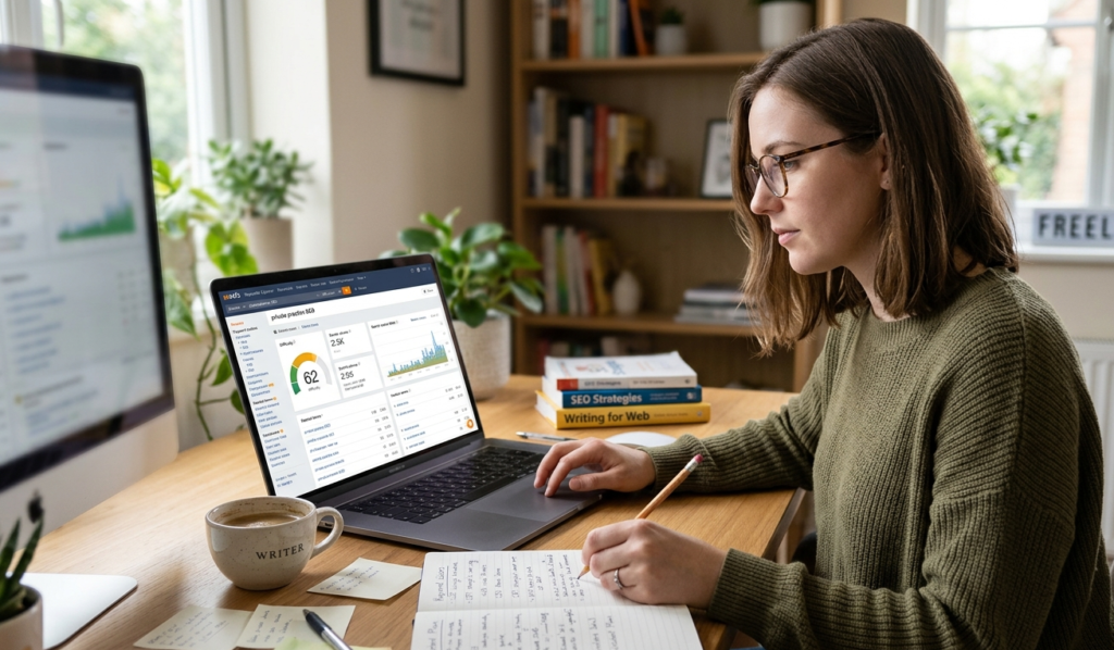 A freelance SEO writer reviewing keyword research data in Ahrefs on a laptop at a desk with handwritten notes and a coffee cup nearby
