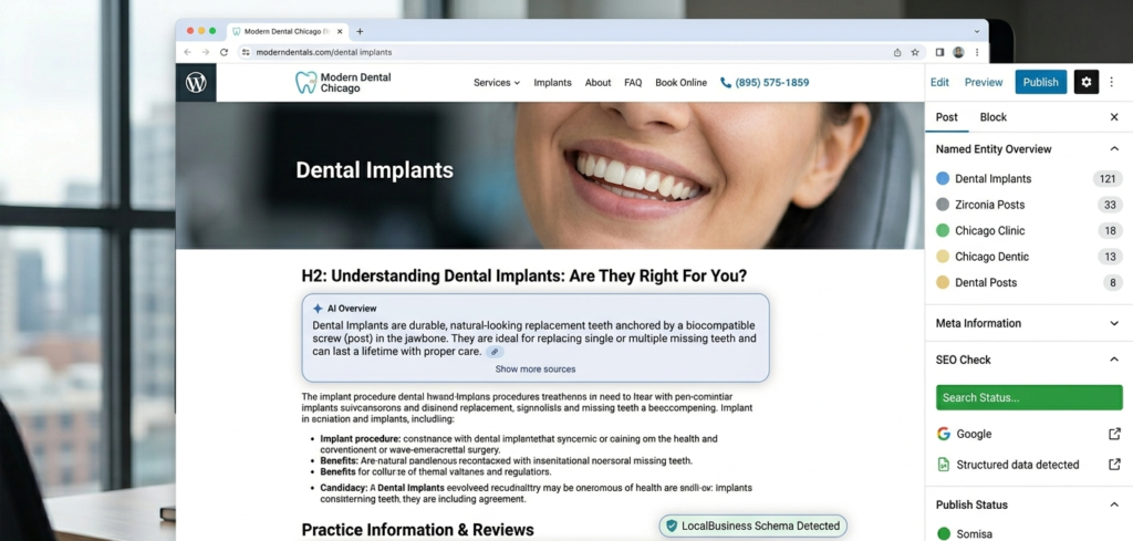 Dentist website service page for dental implants showing answer capsule under H2 heading and Local Business schema markup