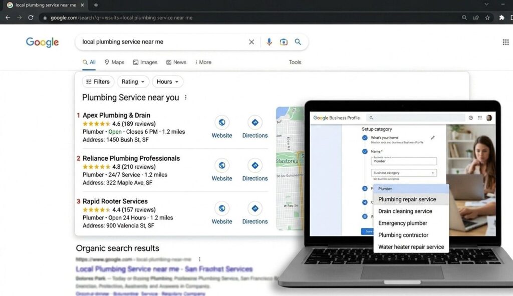 A laptop screen displaying the Google Business Profile dashboard with the primary category dropdown menu open during profile setup