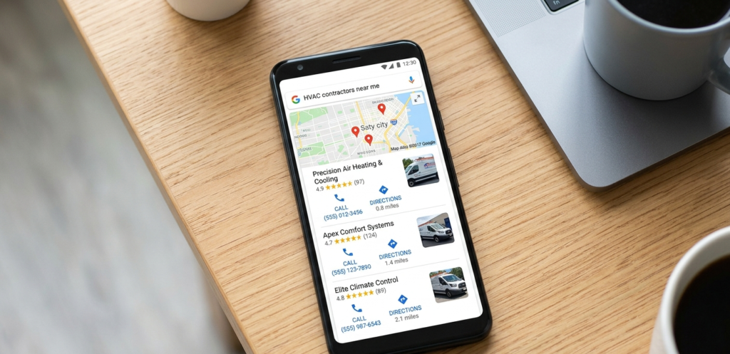 A Google Local Pack result showing three HVAC contractor listings with star ratings, phone numbers and distance markers