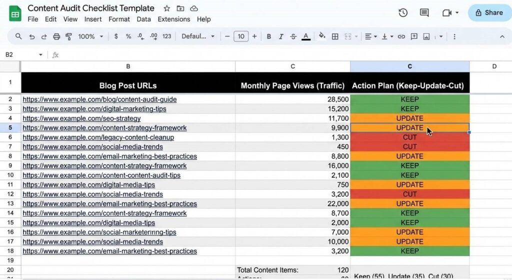 A content audit checklist template open in Google Sheets showing blog post URLs, traffic numbers and keep-update-cut action labels