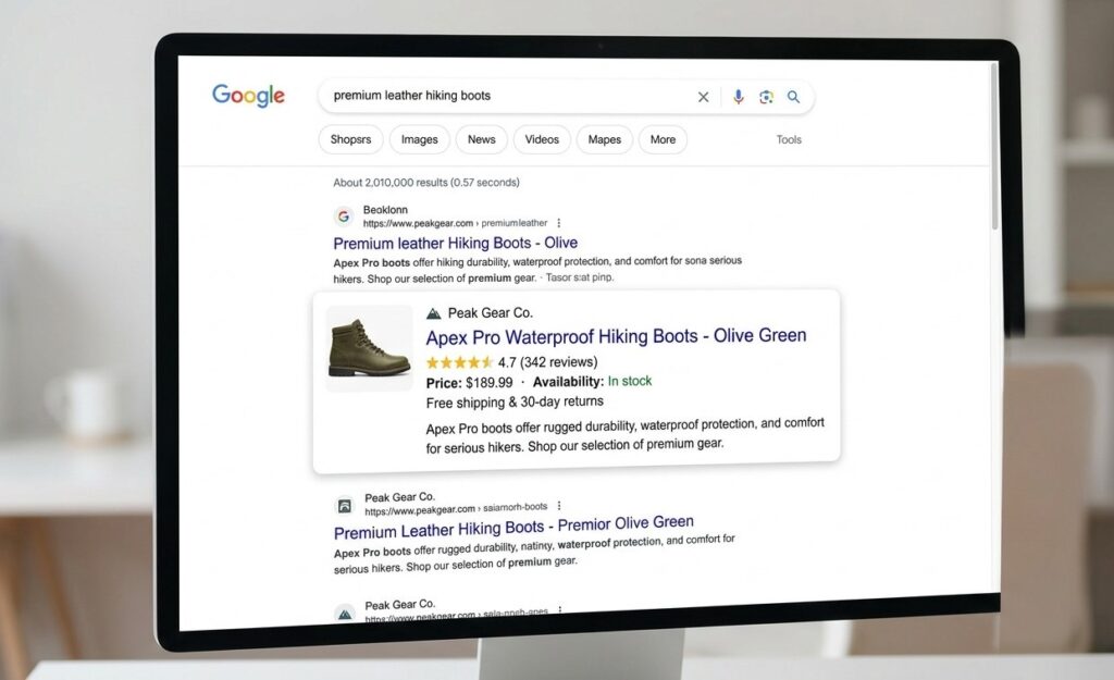 Google search results page showing a product rich snippet with star ratings, price and availability from an online store using ecommerce schema markup
