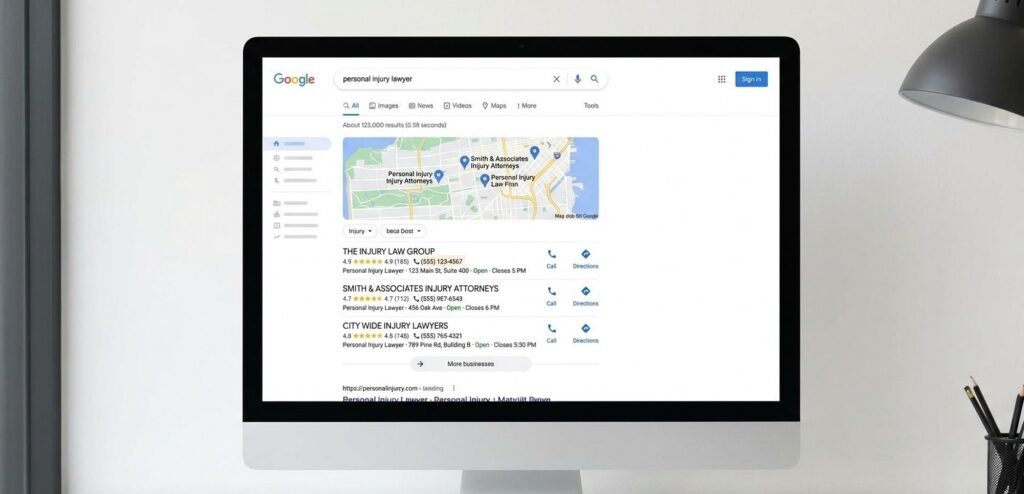 A Google Search results page showing local map pack listings for personal injury lawyer with review stars and phone numbers visible