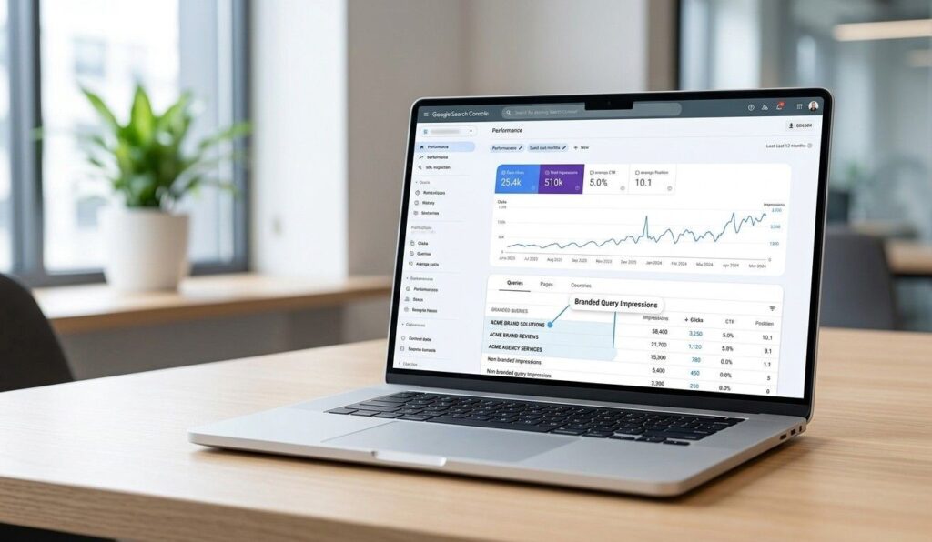 A laptop showing Google Search Console performance data with branded query impressions and a 12-month click trend chart