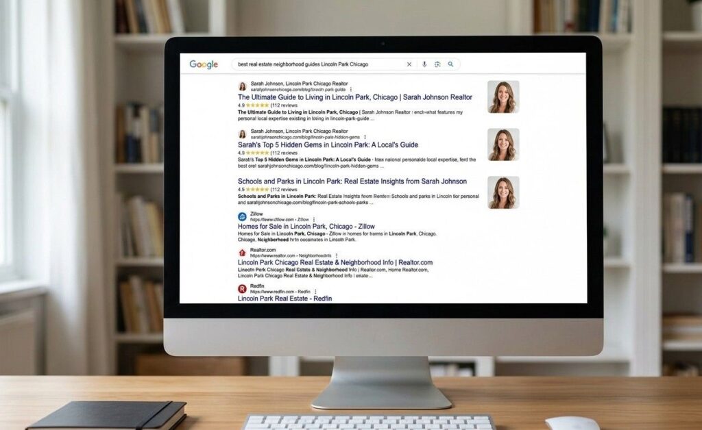 A Google search results page showing neighborhood guide blog posts from a real estate agent appearing above national portal listings