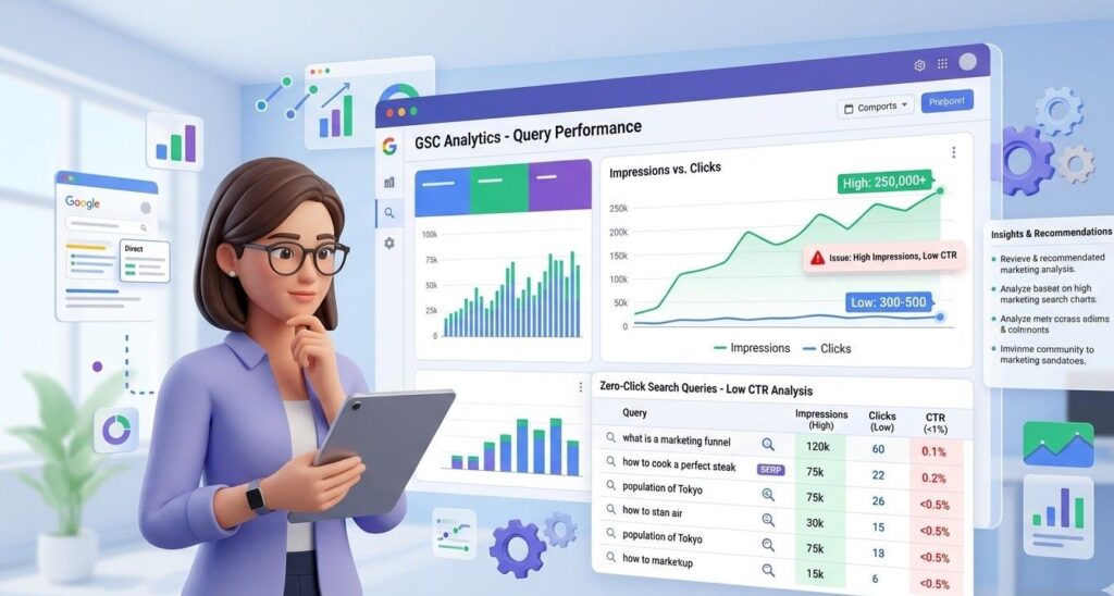 A marketing analyst reviewing a Google Search Console dashboard showing high impressions and low click-through rates for zero click search queries