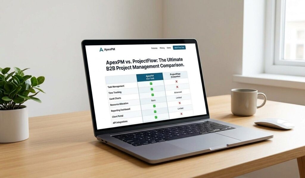 A B2B SaaS landing page on a laptop screen displaying a feature comparison table between two competing project management tools