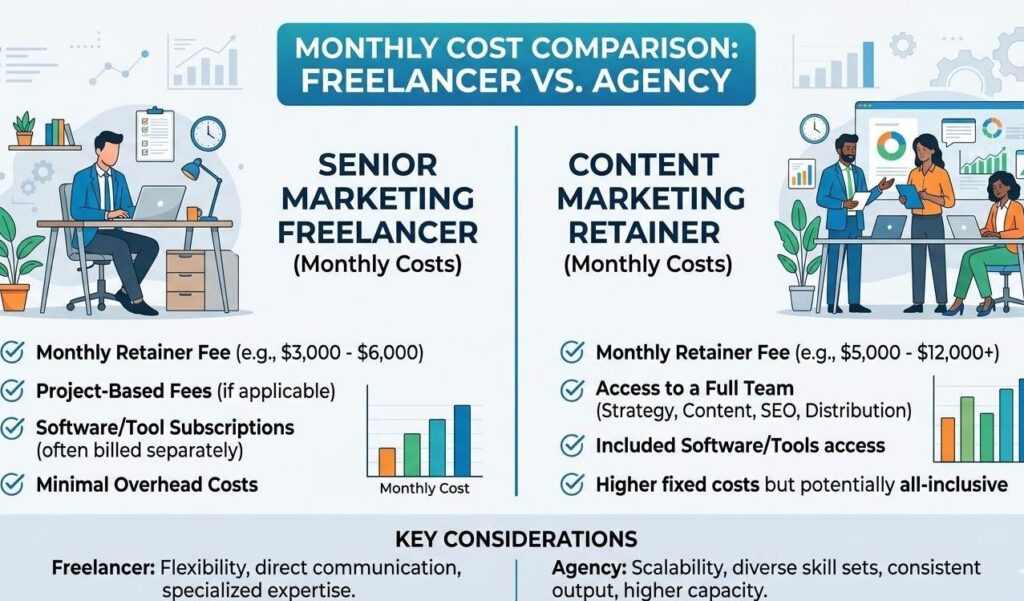 A side-by-side cost comparison chart showing monthly senior marketing freelancer rates versus content marketing agency retainer fees