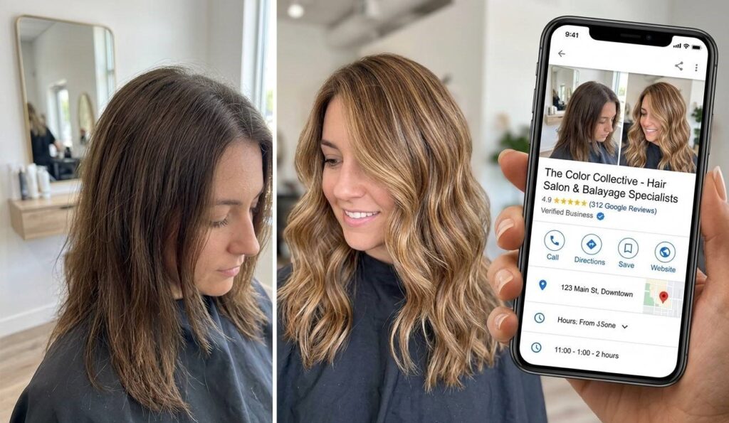 A before-and-after hair color transformation photo used as a hair salon SEO asset on a Google Business Profile with high review count visible