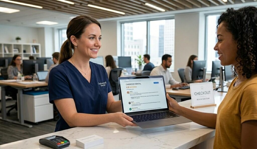 A dentist Google reviews profile on a laptop screen showing 4.8 stars with over 300 reviews and a recent response from the practice owner
