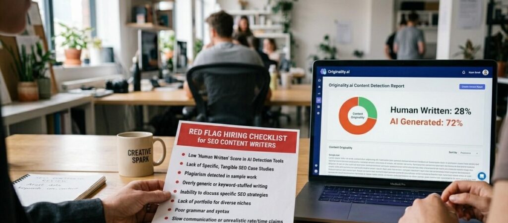 A red flag hiring checklist for SEO content writers printed beside a laptop displaying an Originality.ai AI content detection score report