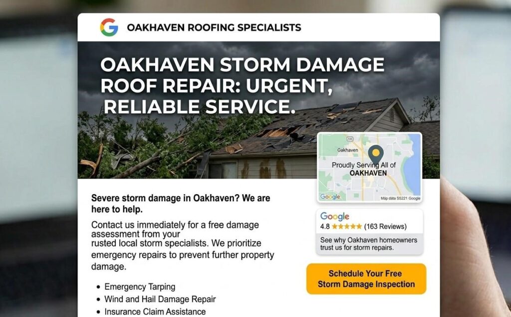A roofing company website service page for storm damage roof repair with a city-specific keyword in the page title and a visible call-to-action button
