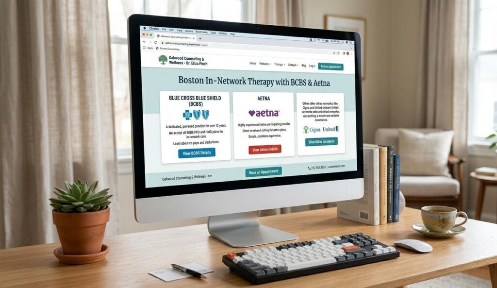 A private practice therapy website open on a desktop showing a dedicated therapy insurance panel page with the city name and insurer prominently in the title