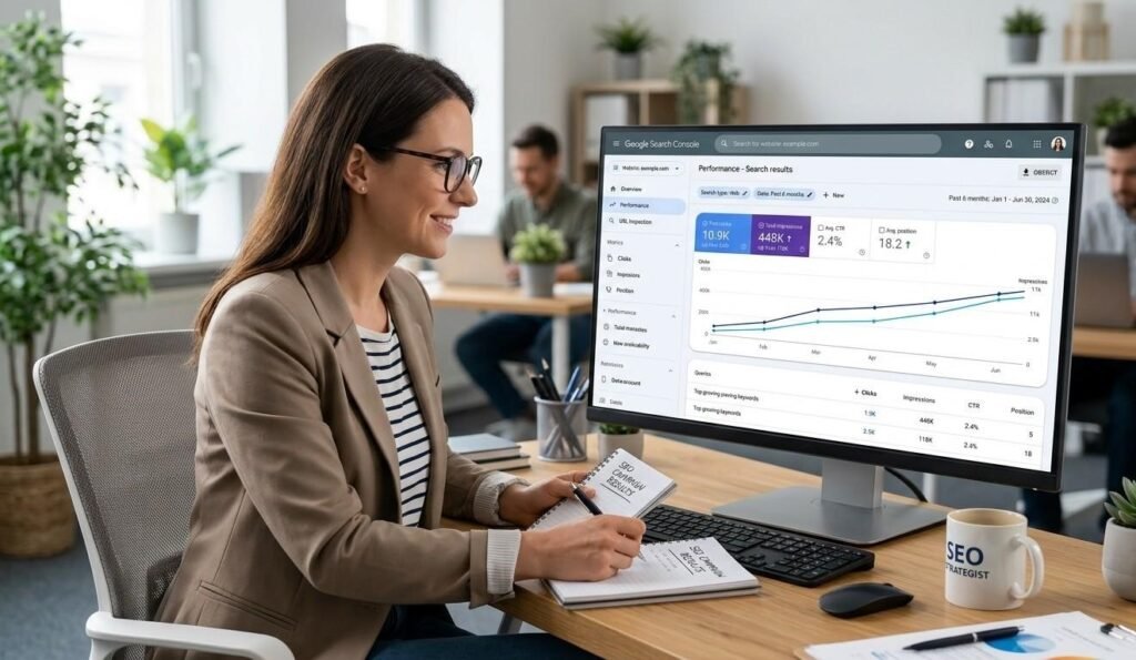A Google Search Console performance report showing a steady upward trend in organic impressions and clicks over a six-month SEO campaign