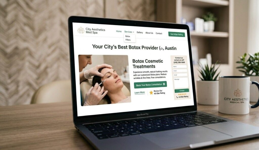 A laptop showing a medical spa SEO service page for Botox in a specific city with the treatment name in the H1 and a booking button visible