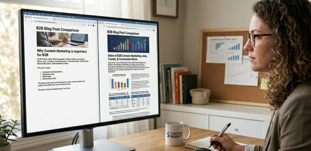A comparison of two B2B blog posts on a monitor showing a short generic post beside a long-form 2500-word research-backed article with visible headings and data tables