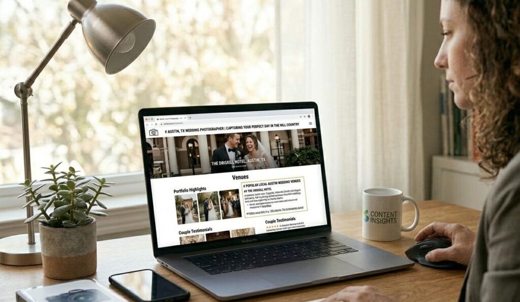 A wedding photography website open on a desktop showing a city-specific H1 heading and a venue page for a popular local wedding location