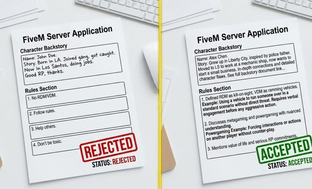 A split screen showing a rejected FiveM server application beside an accepted one highlighting the difference in backstory depth and rules section quality