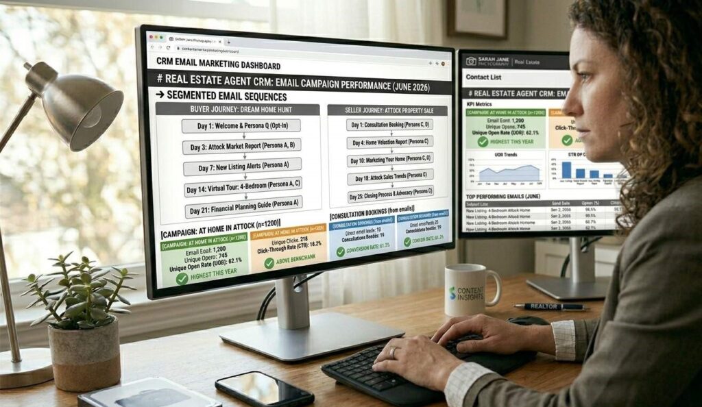 A segmented real estate email sequence on a laptop showing separate buyer and seller drip campaign flows mapped out in a marketing automation tool